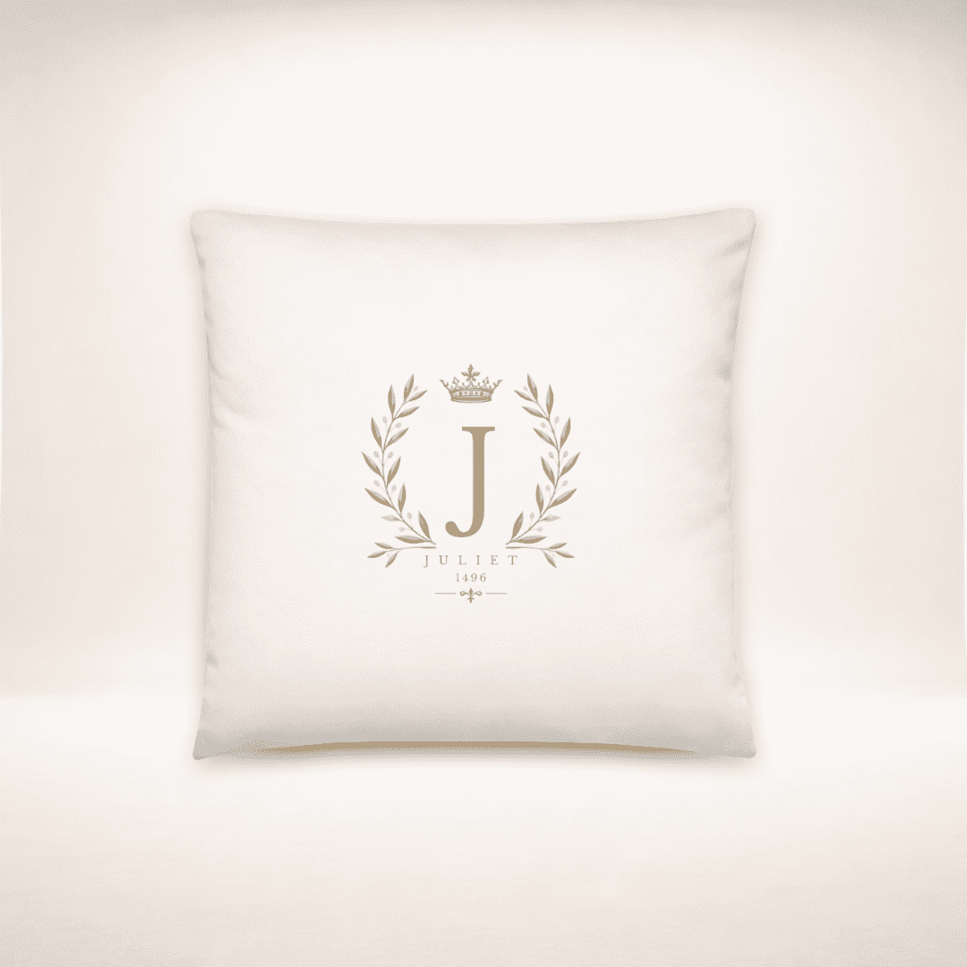 Juliet Monogram Kissen 16 × 16 Zoll in Weiß mit goldenem J-Wappen