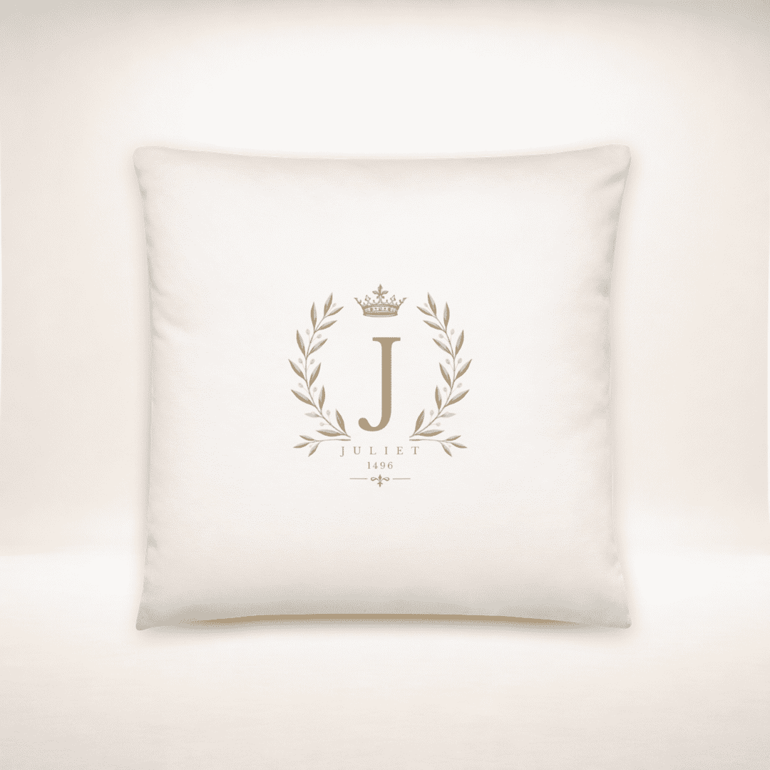 Juliet Monogram Kissen 18 × 18 Zoll in Weiß mit goldenem J-Wappen
