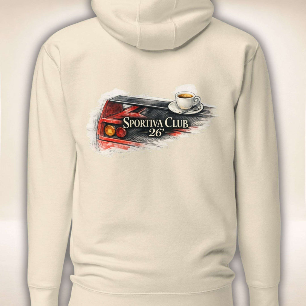 Sportiva Club 26 Hoodie in Naturweiß, Rückenansicht mit Kassetten- und Espressomotiv