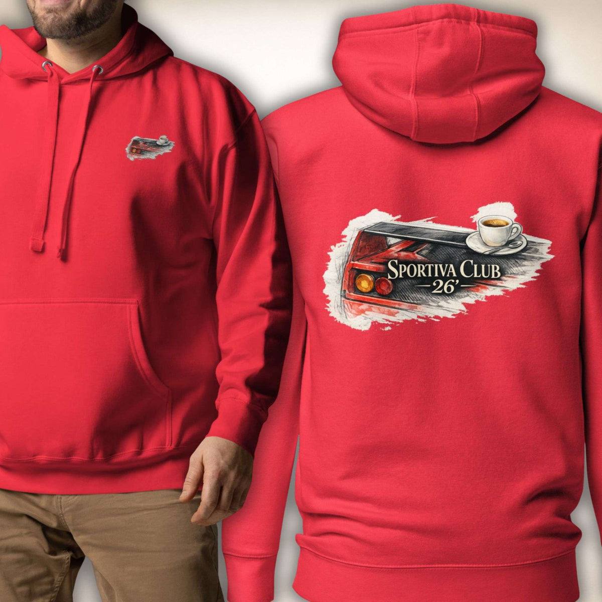 Sportiva Club 26 Hoodie in Rot, Vorder- und Rückseite