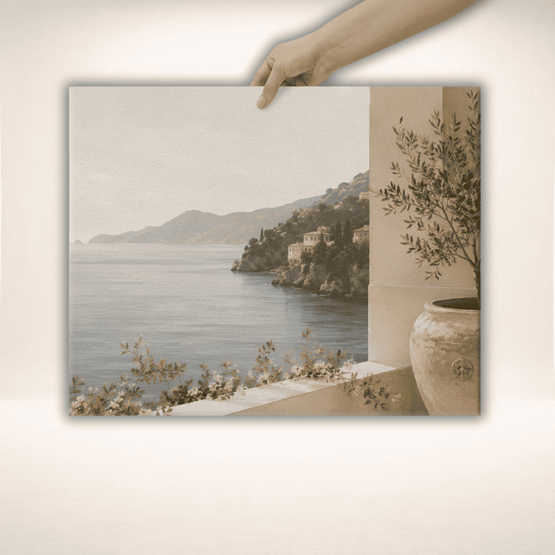 Amalfi Stillness Leinwandbild mit mediterranem Küstenmotiv im nahezu quadratischen Format