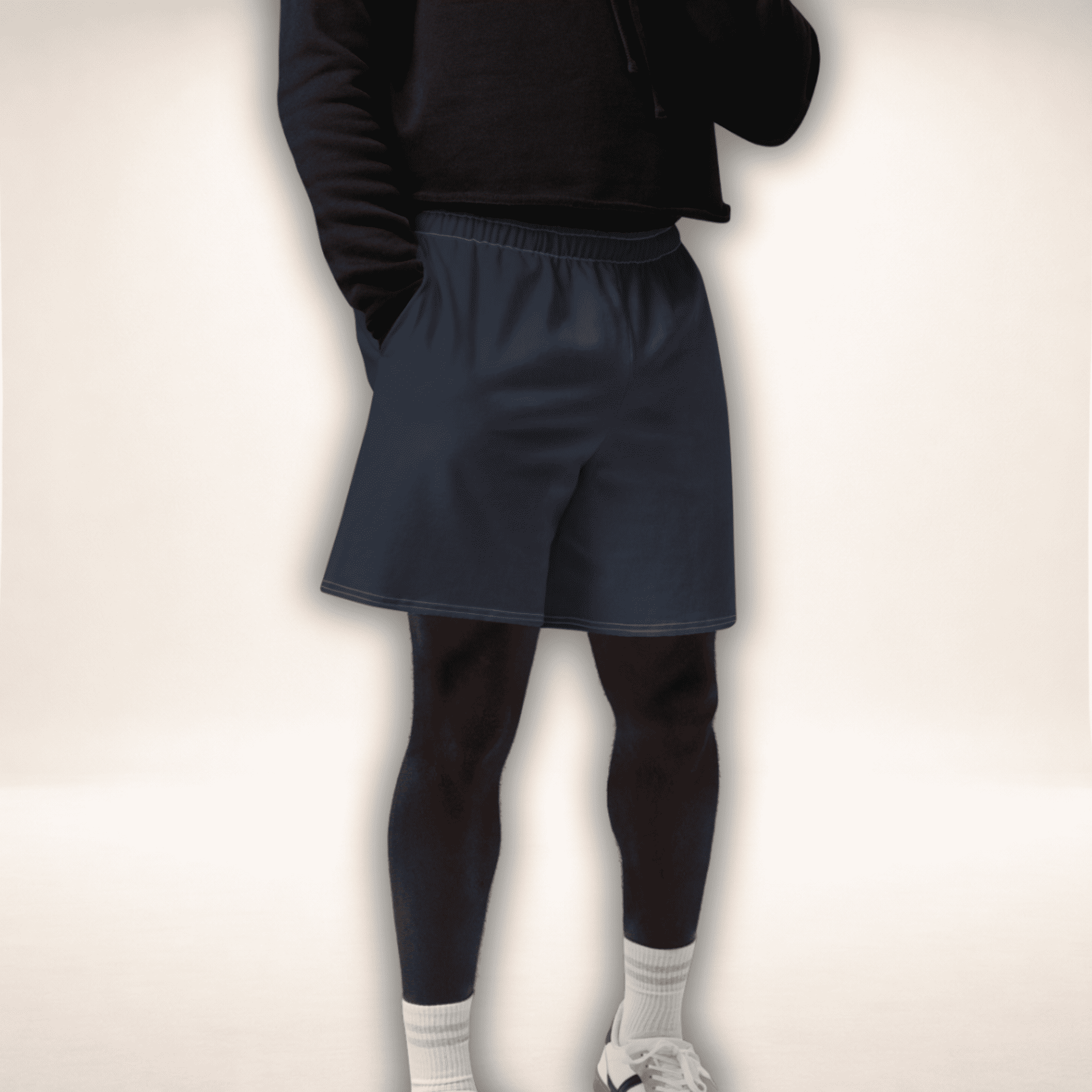 Unisex Baumwoll Shorts Navy Blue, getragen in Vorderansicht
