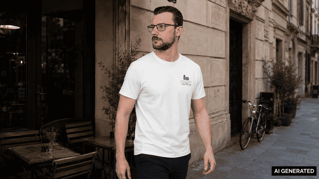 KI-generierte Darstellung: Mann trägt das weiße Old Money Club Shirt mit kleinem Brustlogo in einer Altstadtgasse