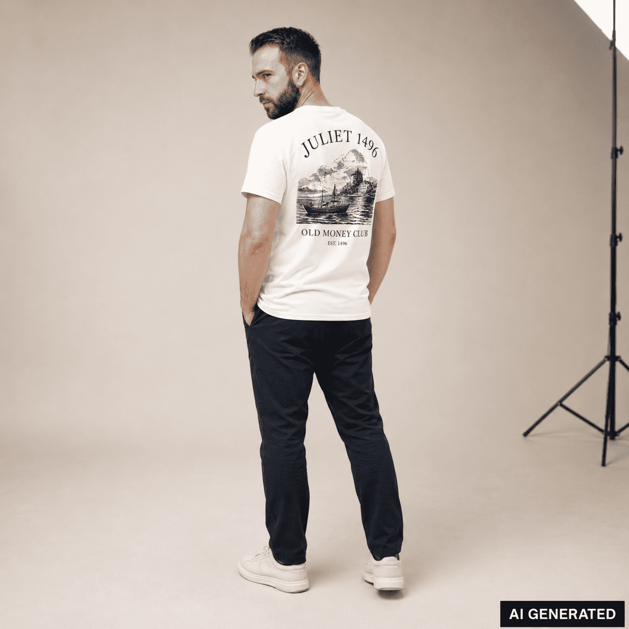 KI-generierte Darstellung: Mann trägt das weiße Old Money Club Shirt mit großem Küstenmotiv auf dem Rücken
