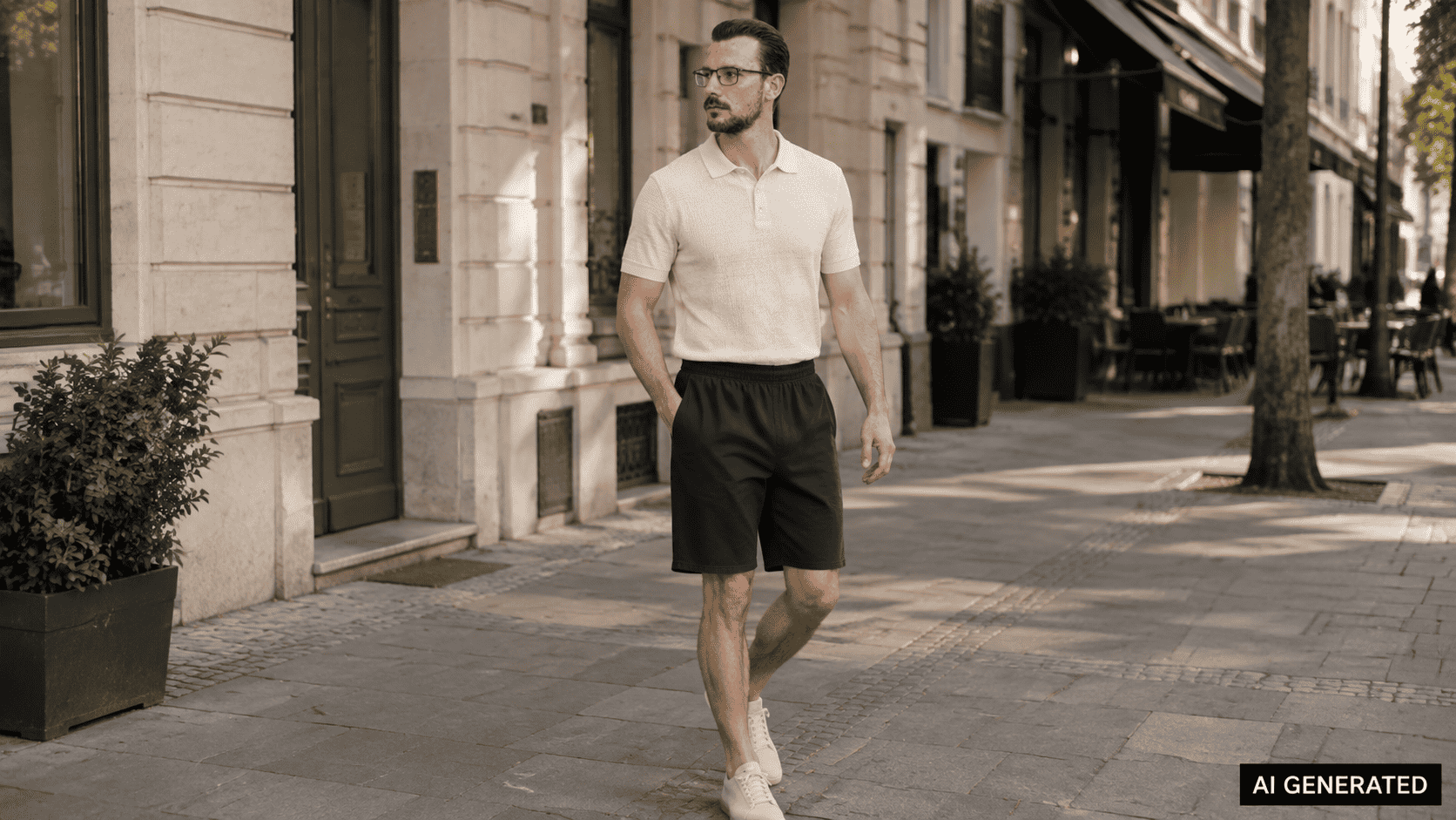 KI-generierte Darstellung: Mann geht in einer Altstadtstraße und trägt die Unisex Baumwoll Shorts in Navy Blue