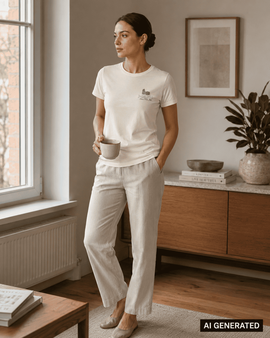 KI-generierte Darstellung: Frau trägt das weiße Amalfi Reverie Shirt mit kleinem Brustmotiv in einem Wohnraum