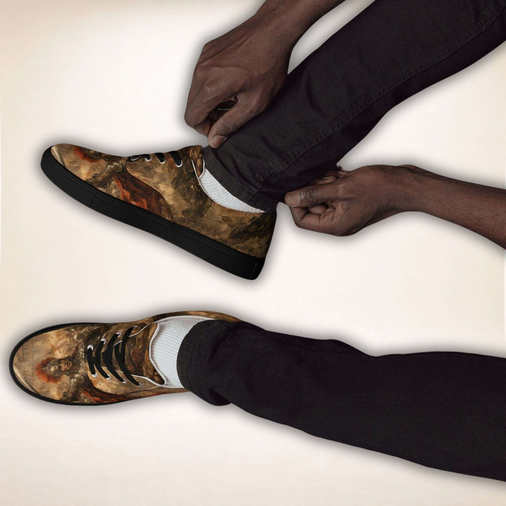 Crusade Battle Slip-Ons mit Renaissance-Schlachtenmotiv, an den Füßen getragen