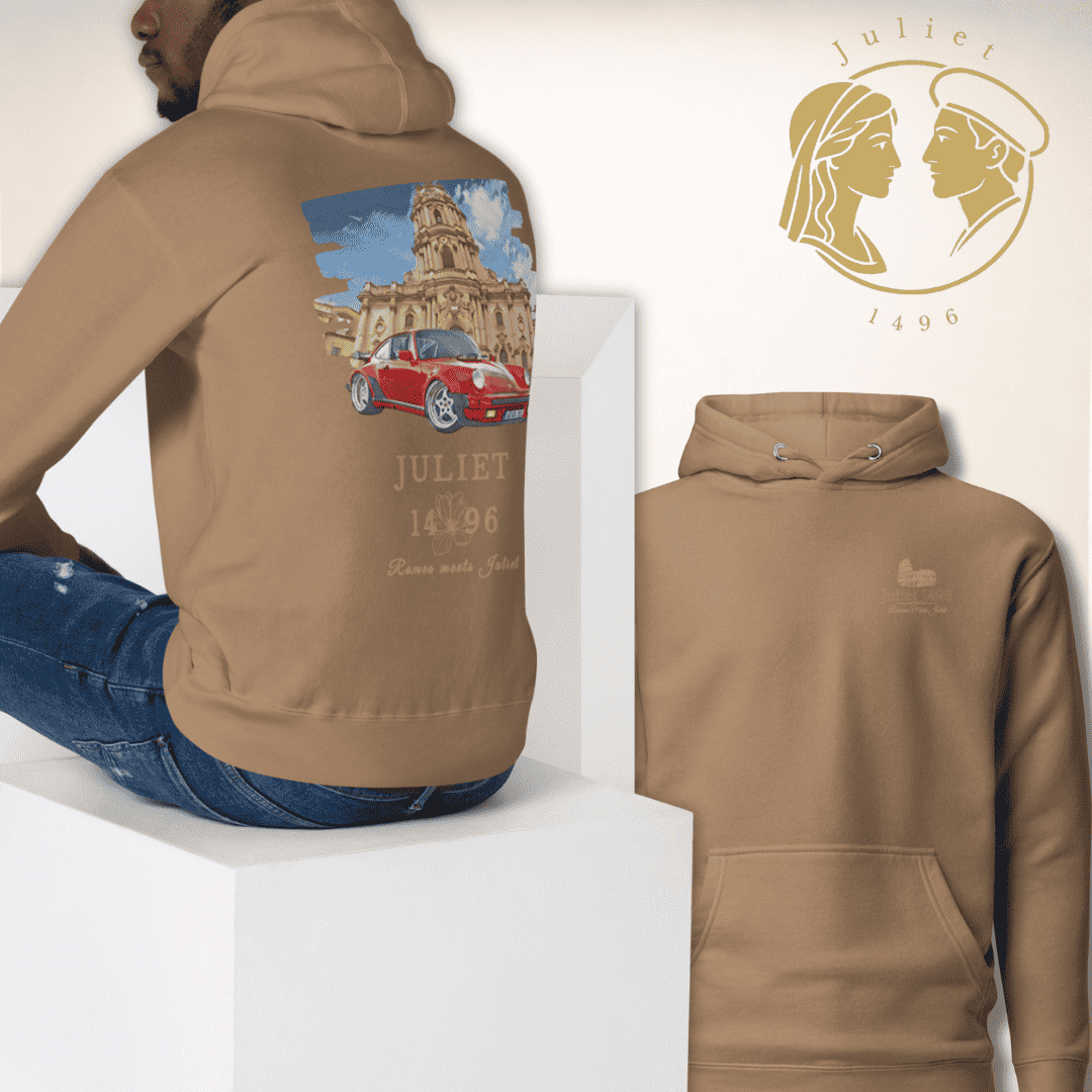 Sicilia Grand Tour Hoodie in Hellbraun, Vorder- und Rückseite