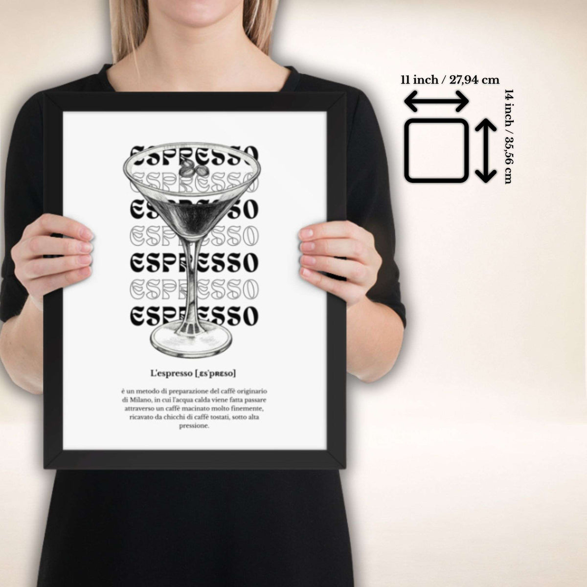 ESPRESSO Poster im schwarzen Rahmen, Format 11 × 14 Zoll