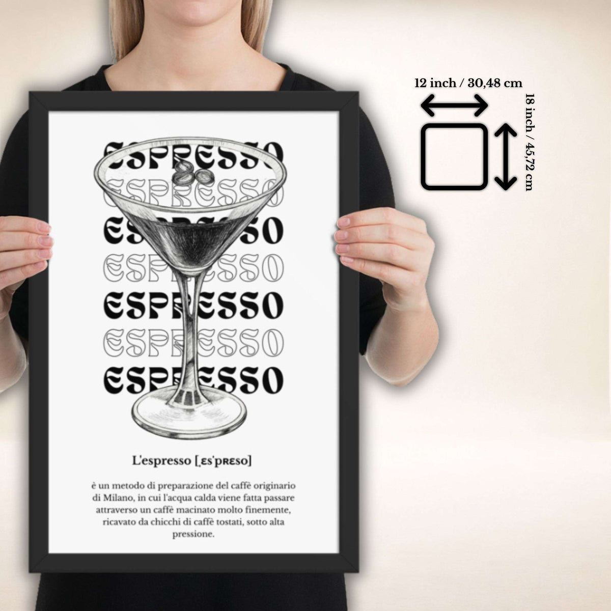 ESPRESSO Poster im schwarzen Rahmen, Format 12 × 18 Zoll