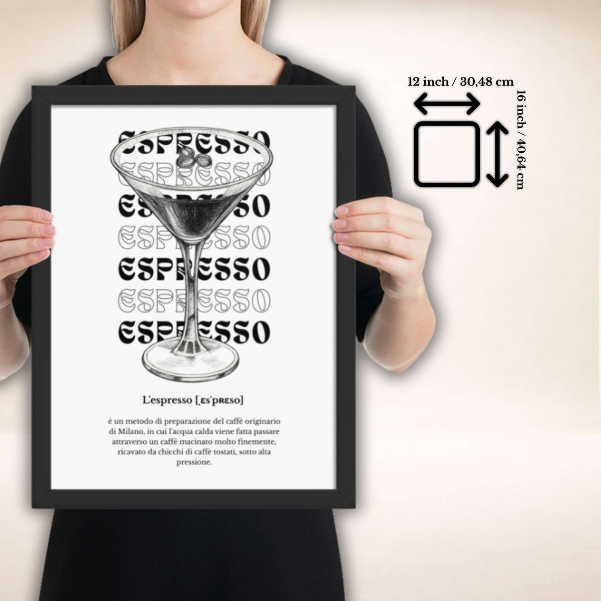 ESPRESSO Poster im schwarzen Rahmen, Format 12 × 16 Zoll