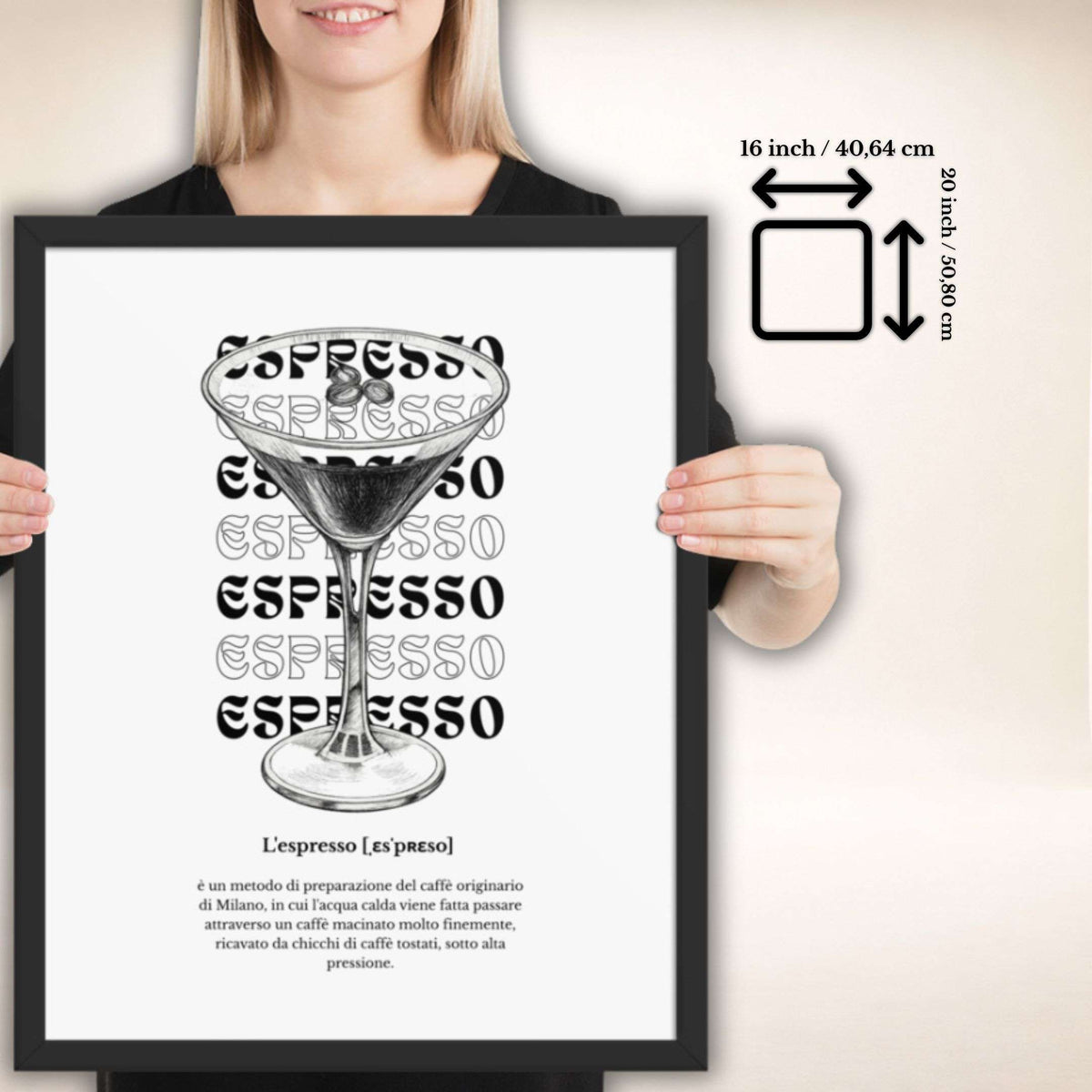 ESPRESSO Poster im schwarzen Rahmen, Format 16 × 20 Zoll
