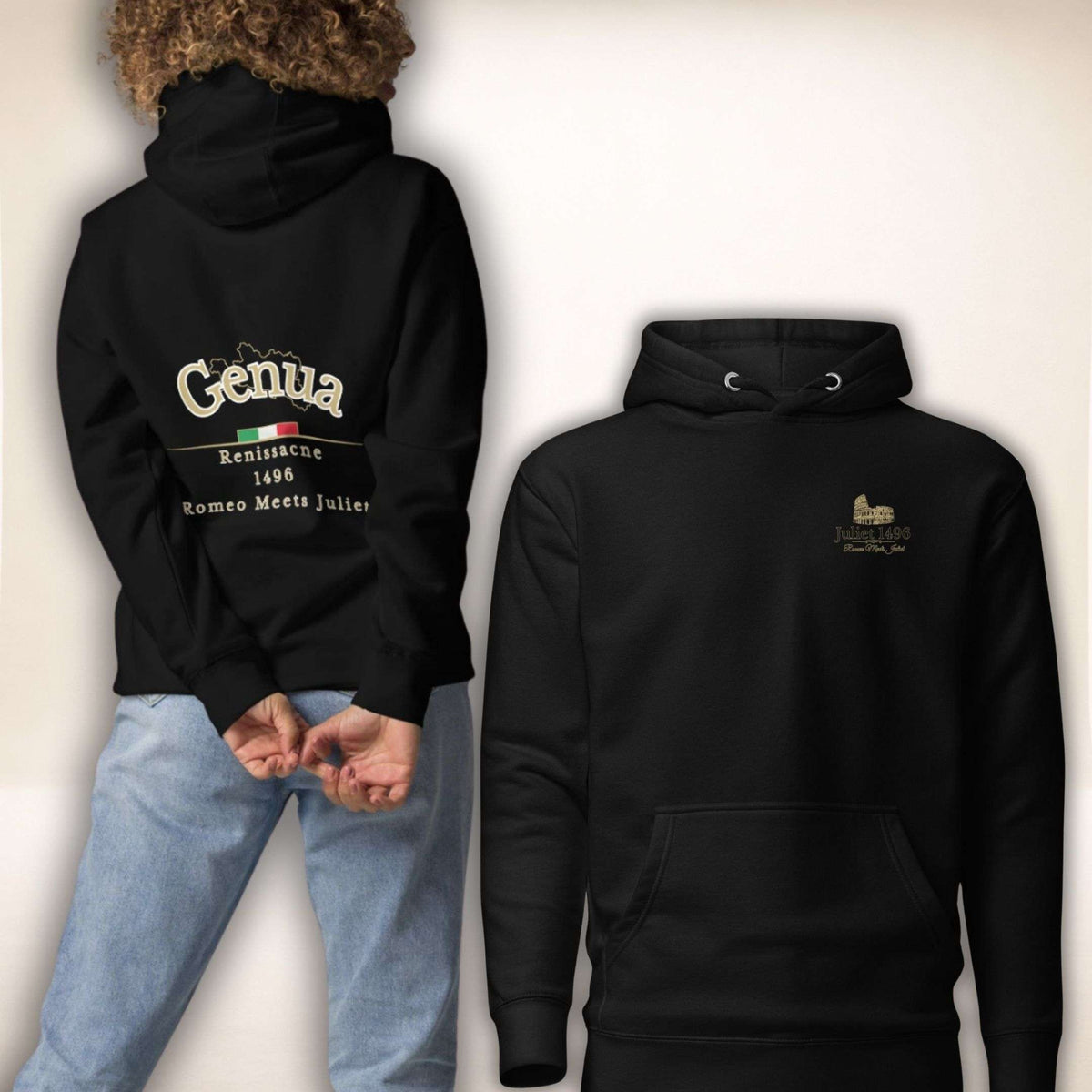 Genua Renaissance Hoodie in Schwarz, Vorder- und Rückseite