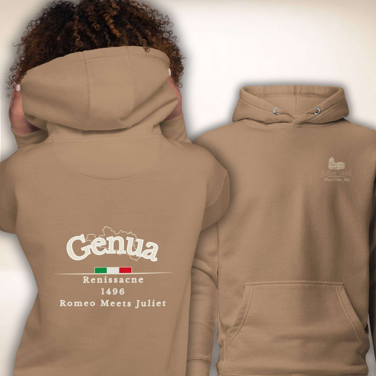 Genua Renaissance Hoodie in Hellbraun, Vorder- und Rückseite