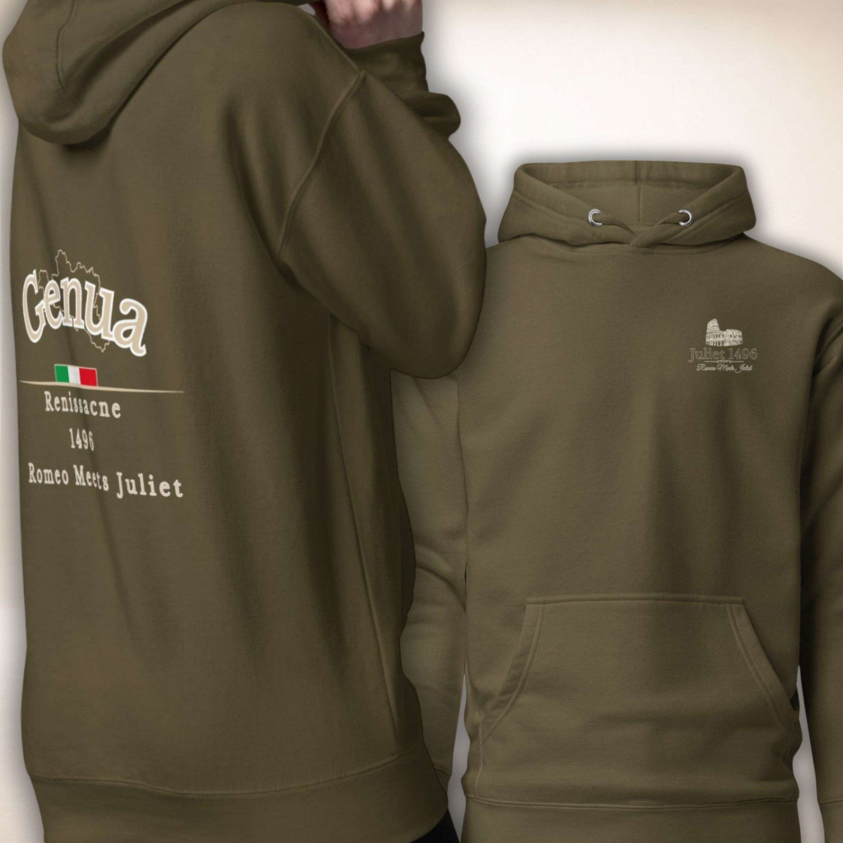 Genua Renaissance Hoodie in Olivgrün, Vorder- und Rückseite
