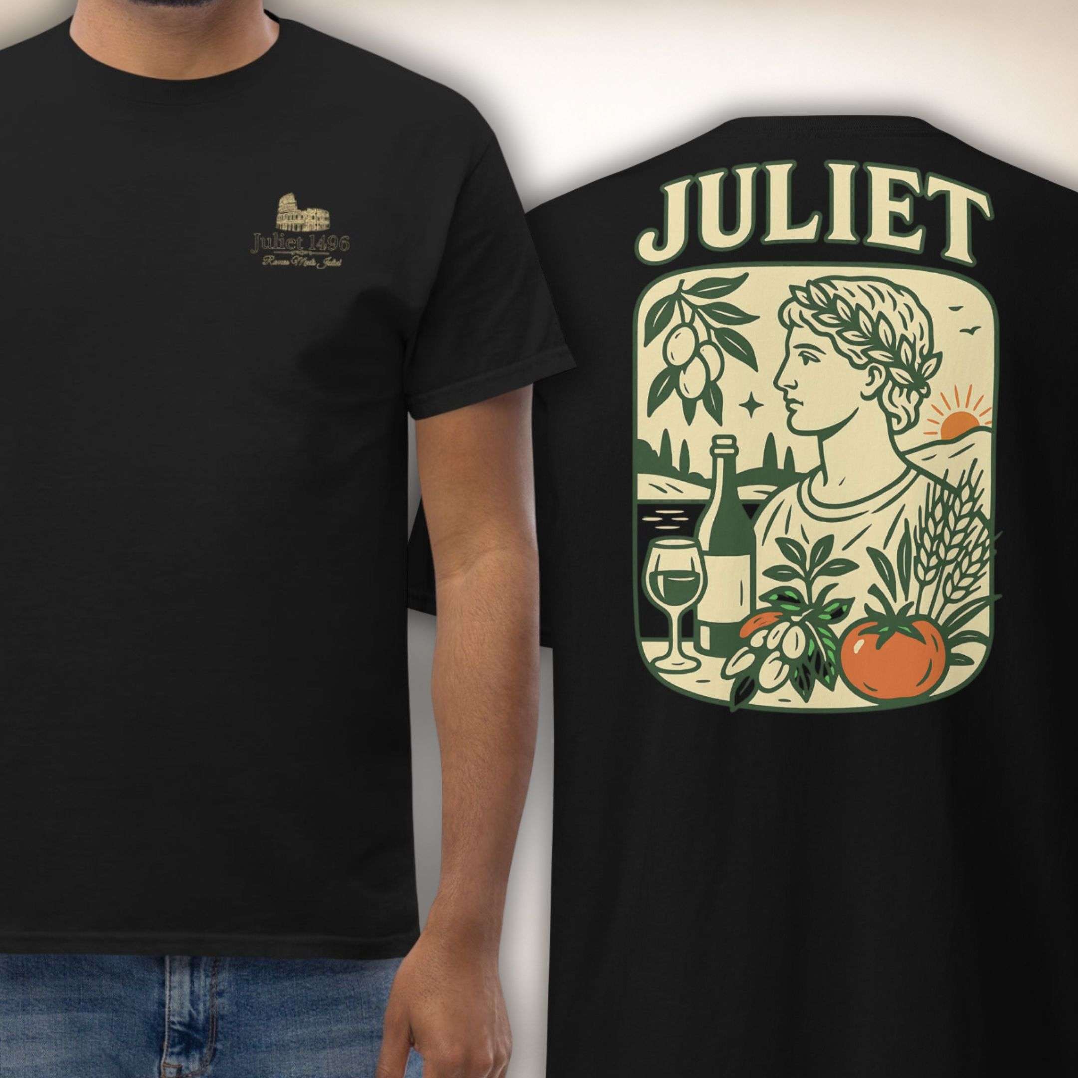 Giardino Romano Tee in Schwarz, Vorder- und Rückseite