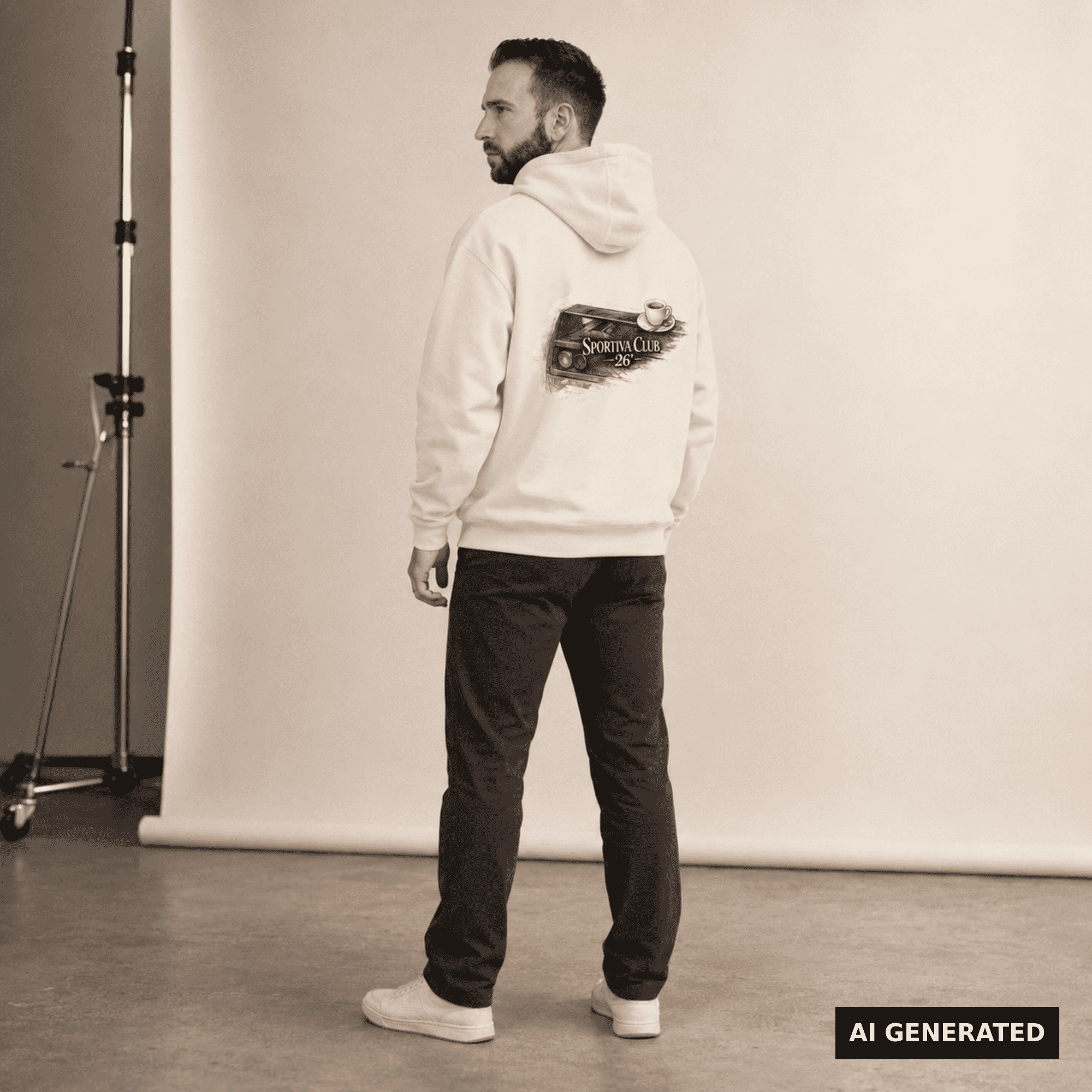 KI-generierte Darstellung: Mann trägt den naturweißen Sportiva Club 26 Hoodie mit großem Rückenmotiv im Studio