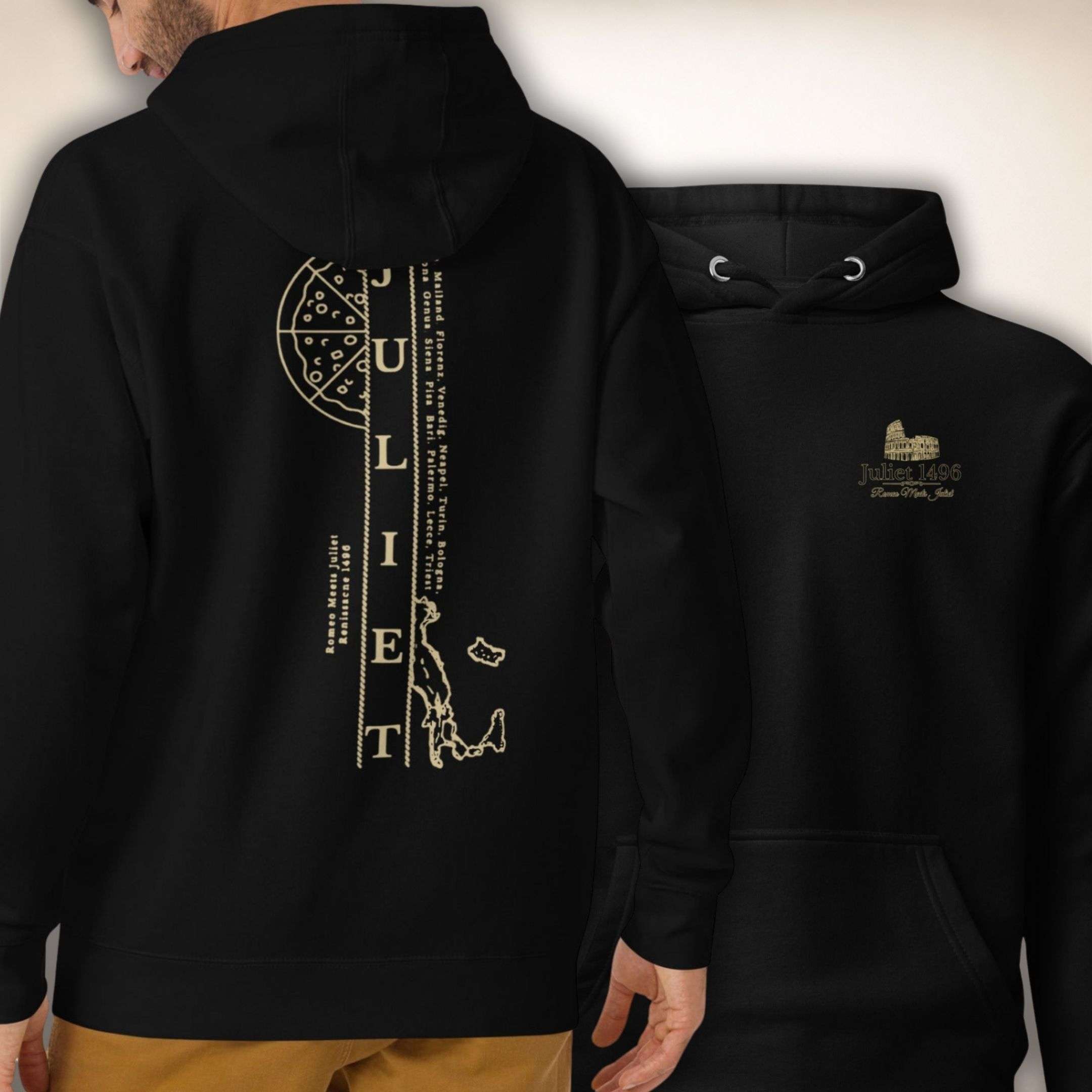 La Serenità Hoodie in Schwarz, Vorder- und Rückseite