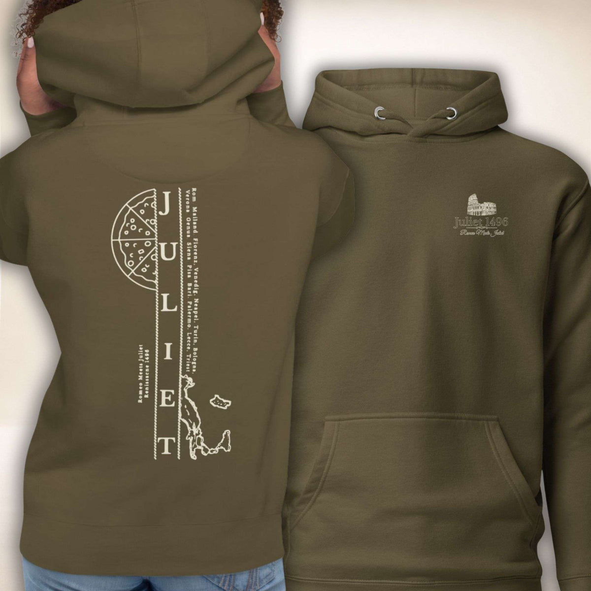 La Serenità Hoodie in Olivgrün, Vorder- und Rückseite