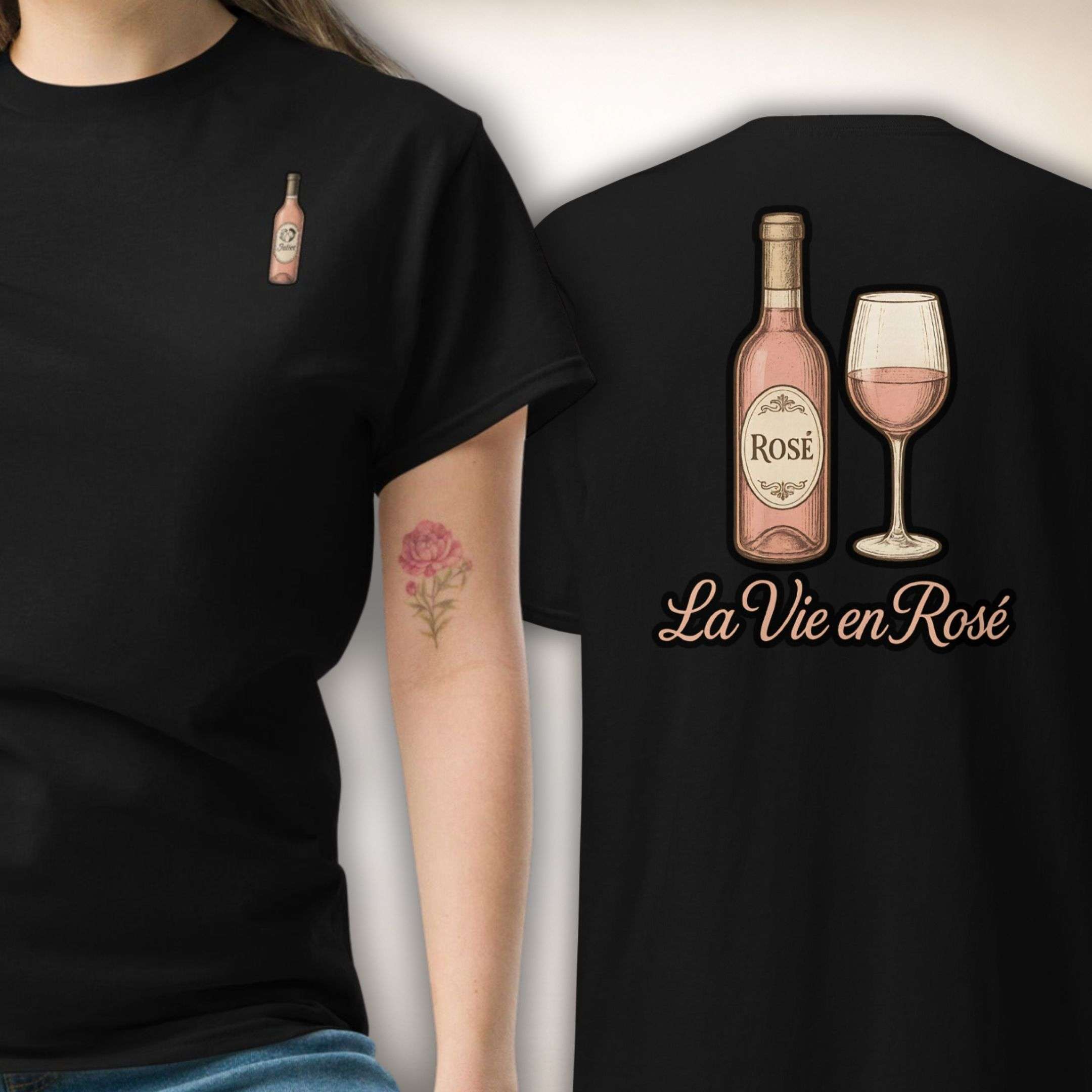 Rosé Royale Tee in Schwarz, Vorder- und Rückseite