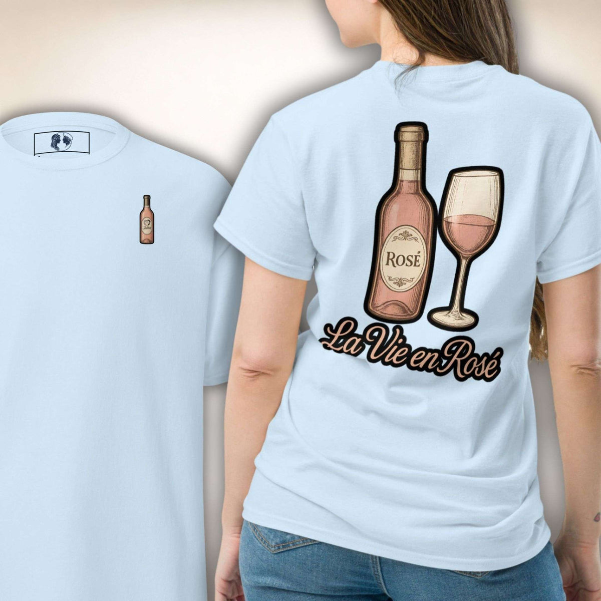 Rosé Royale Tee in Hellblau, Vorder- und Rückseite