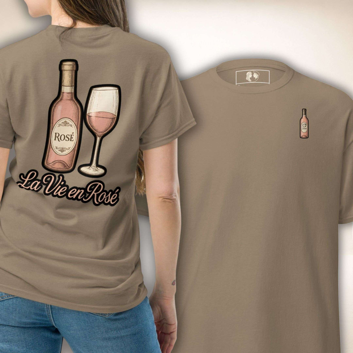 Rosé Royale Tee in Taupe, Vorder- und Rückseite
