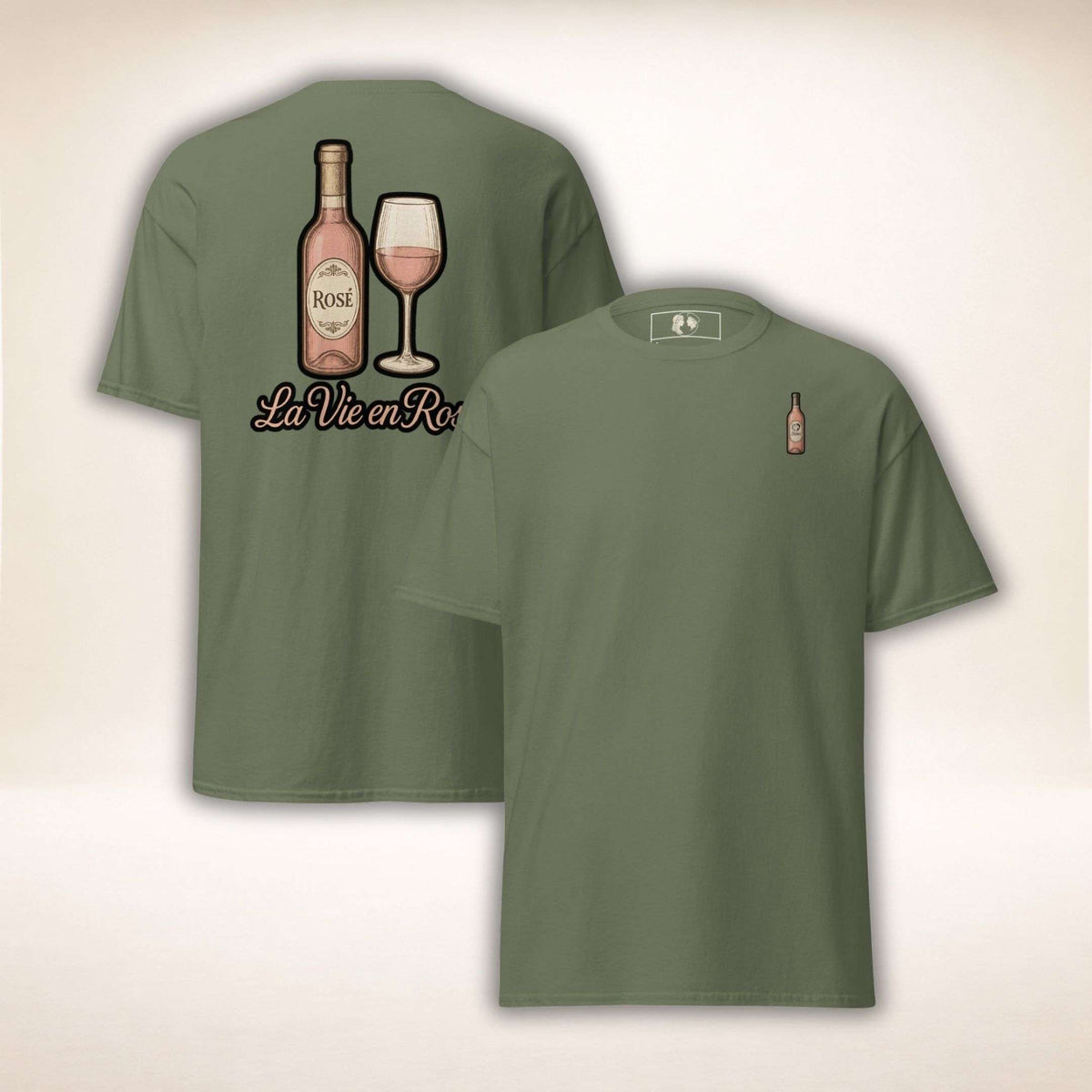 Rosé Royale Tee in Olivgrün, Vorder- und Rückseite