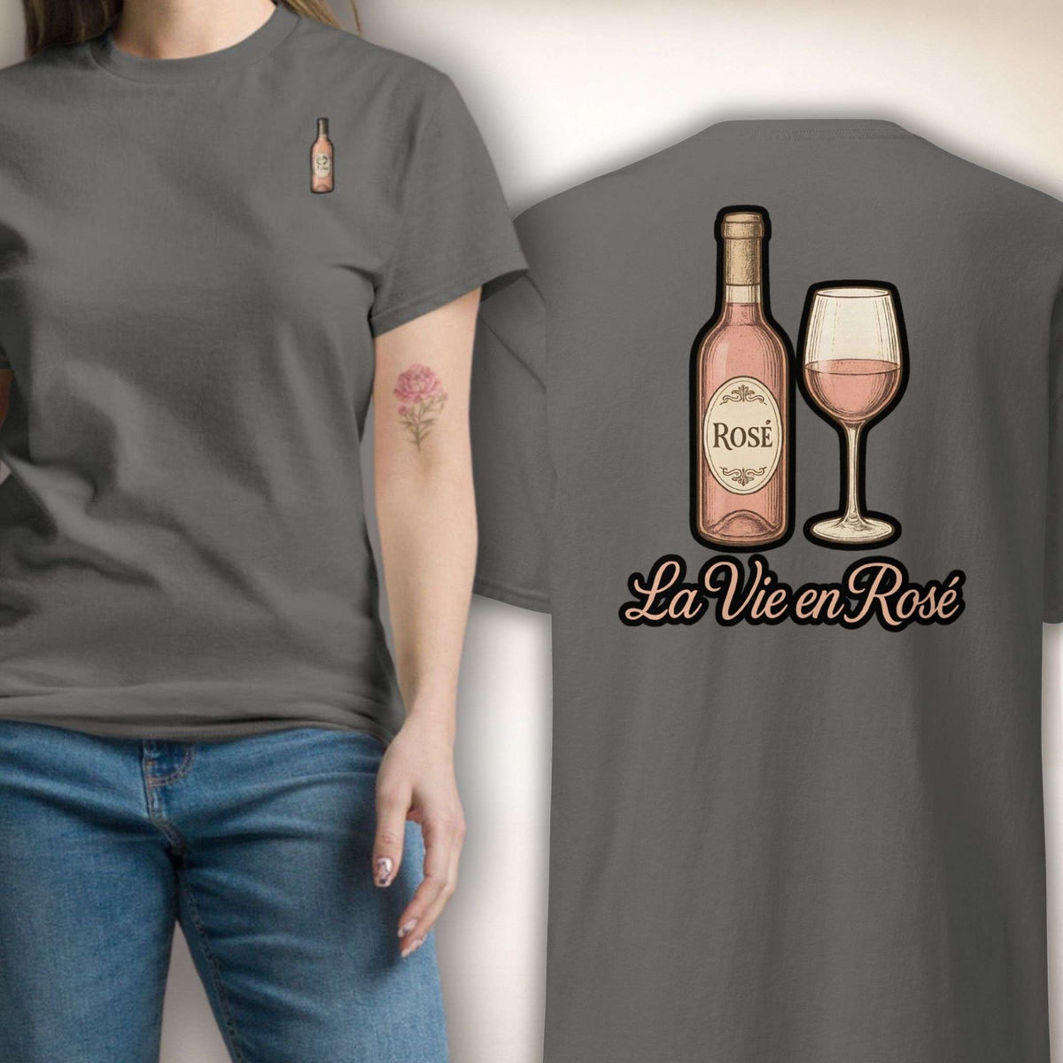 Rosé Royale Tee in Grau, Vorder- und Rückseite