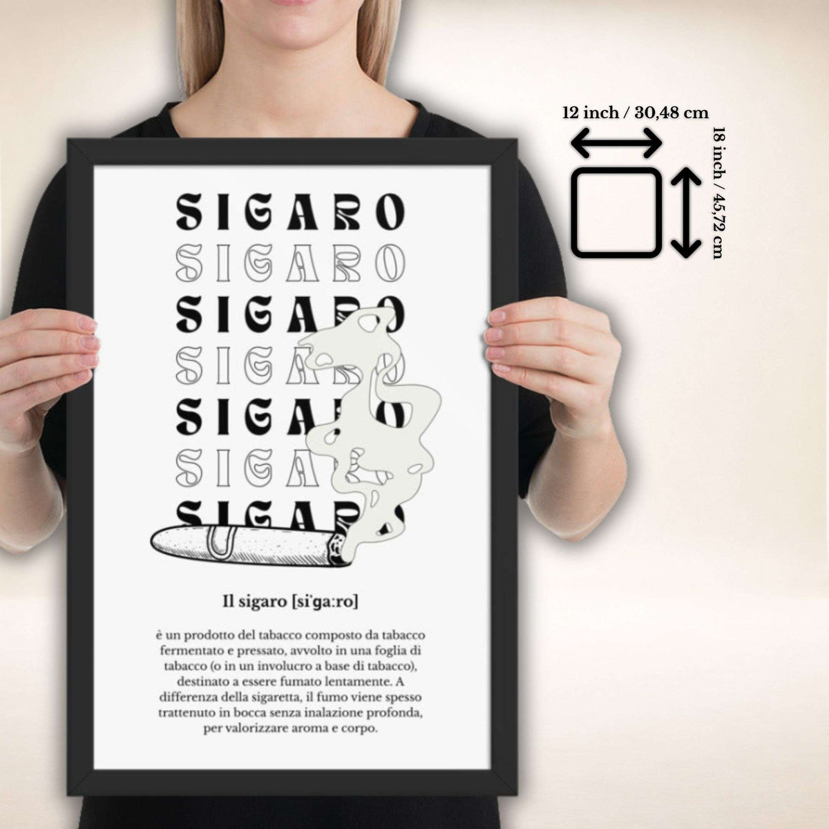 Sigaro Noir Poster im schwarzen Rahmen, Format 12 × 18 Zoll