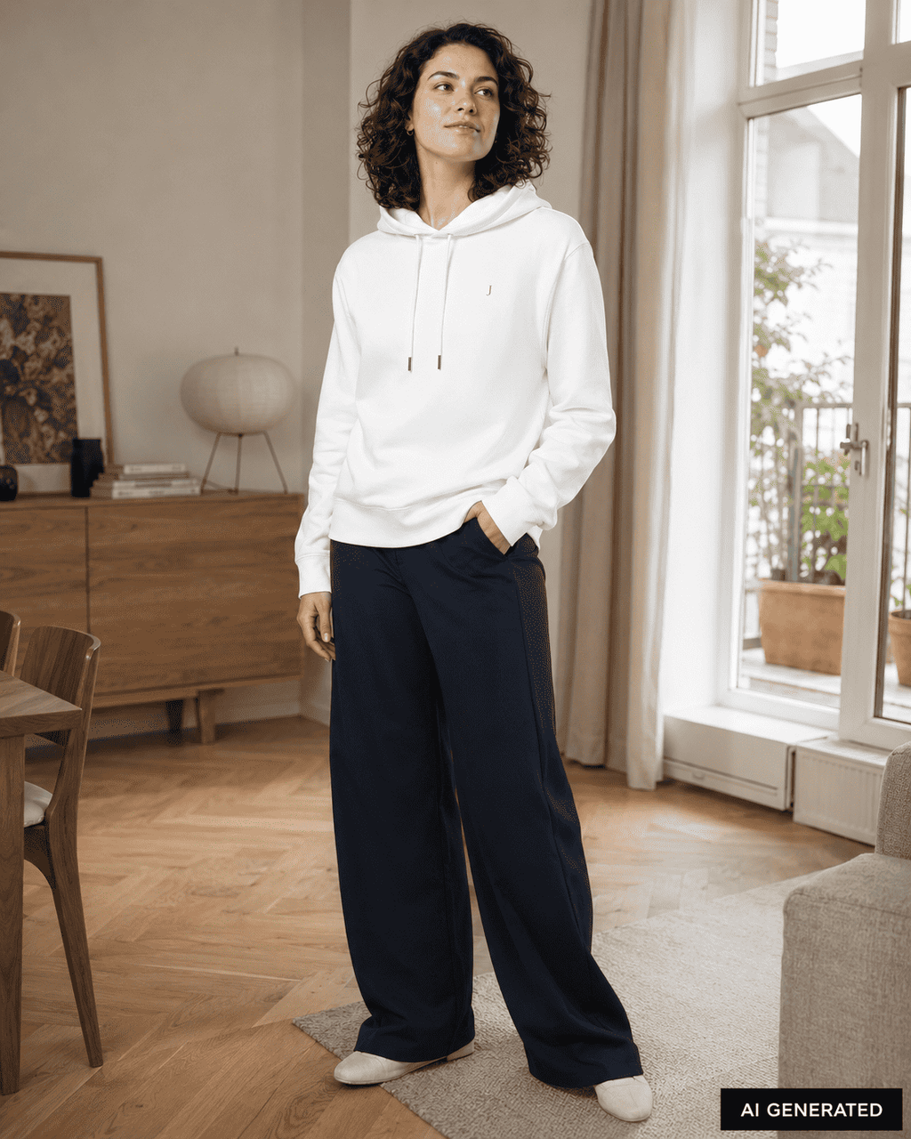 KI-Stylingbeispiel: Frau trägt den weißen Club Juliet Bio Hoodie mit navyfarbener Hose in einem Wohnraum