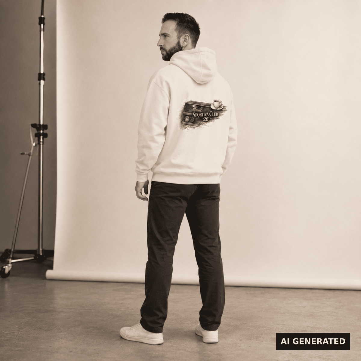 KI-Stylingbeispiel: Mann trägt den naturweißen Sportiva Club 26 Hoodie mit großem Rückenmotiv im Studio