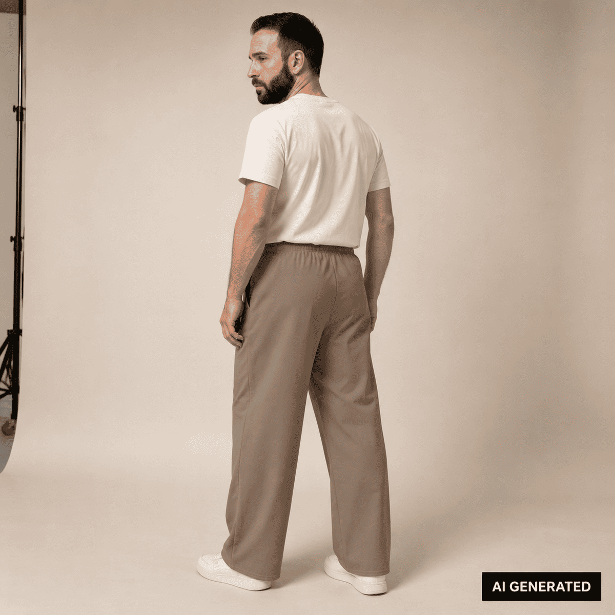 KI-Stylingbeispiel: Mann trägt die braune Baumwollhose in seitlicher Rückenansicht im Studio
