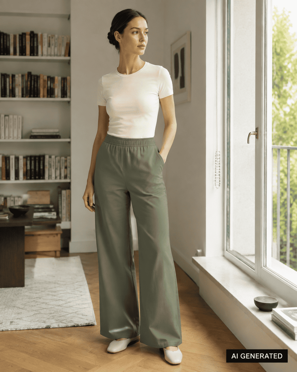 KI-Stylingbeispiel: Frau trägt die grüne Baumwollhose mit weitem Bein in einem hellen Wohnraum