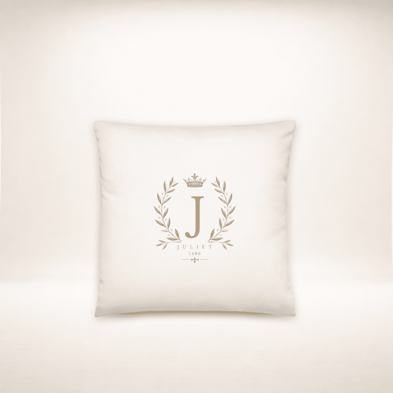 Kissen Juliet Monogram in Creme mit goldfarbenem J, Krone und Lorbeerzweigen, quadratische Form