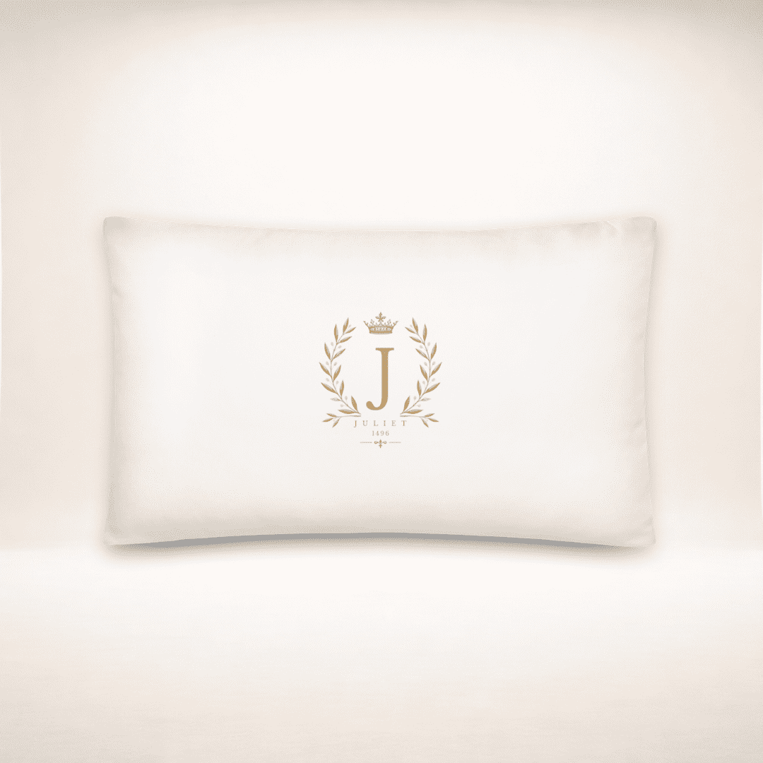 Kissen Juliet Monogram in Creme mit goldfarbenem J, Krone und Lorbeerzweigen, rechteckiges Querformat