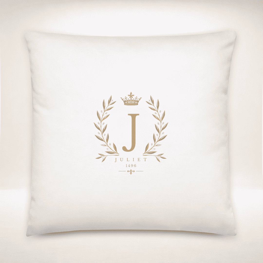 Kissen Juliet Monogram in Creme mit goldfarbenem J, Krone und Lorbeerzweigen, großes quadratisches Format