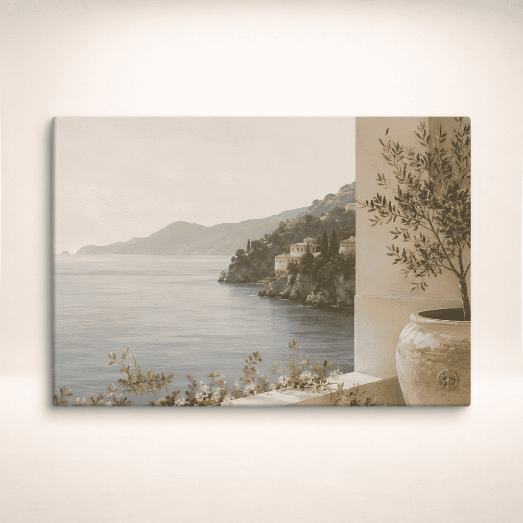 Leinwandbild Amalfi Stillness mit Küstenblick, Bergen und Olivenzweigen an einer hellen Wand