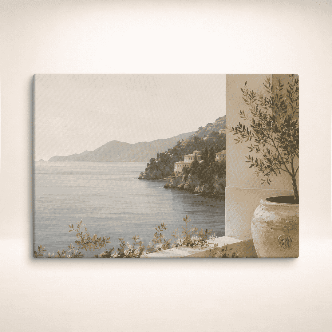 Leinwandbild Amalfi Stillness mit Küstenblick, Bergen und Olivenzweigen an einer hellen Wand