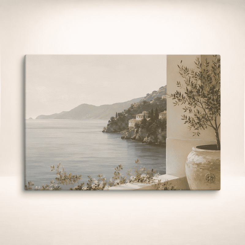 Leinwandbild Amalfi Stillness mit Küstenblick, Bergen und Olivenzweigen an einer hellen Wand