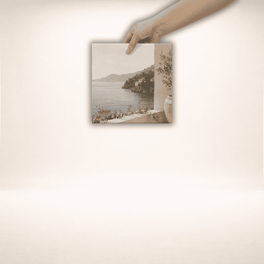 Leinwandbild Amalfi Stillness mit Küste und Olivenzweigen, quadratisches Format in einer Hand