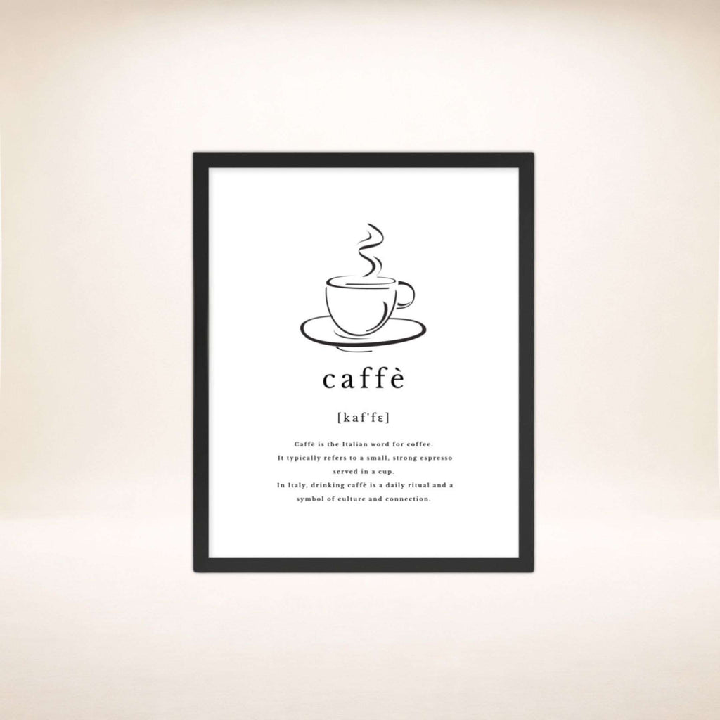 Caffè Poster im schwarzen Rahmen mit Kaffeetassen-Illustration und Definition