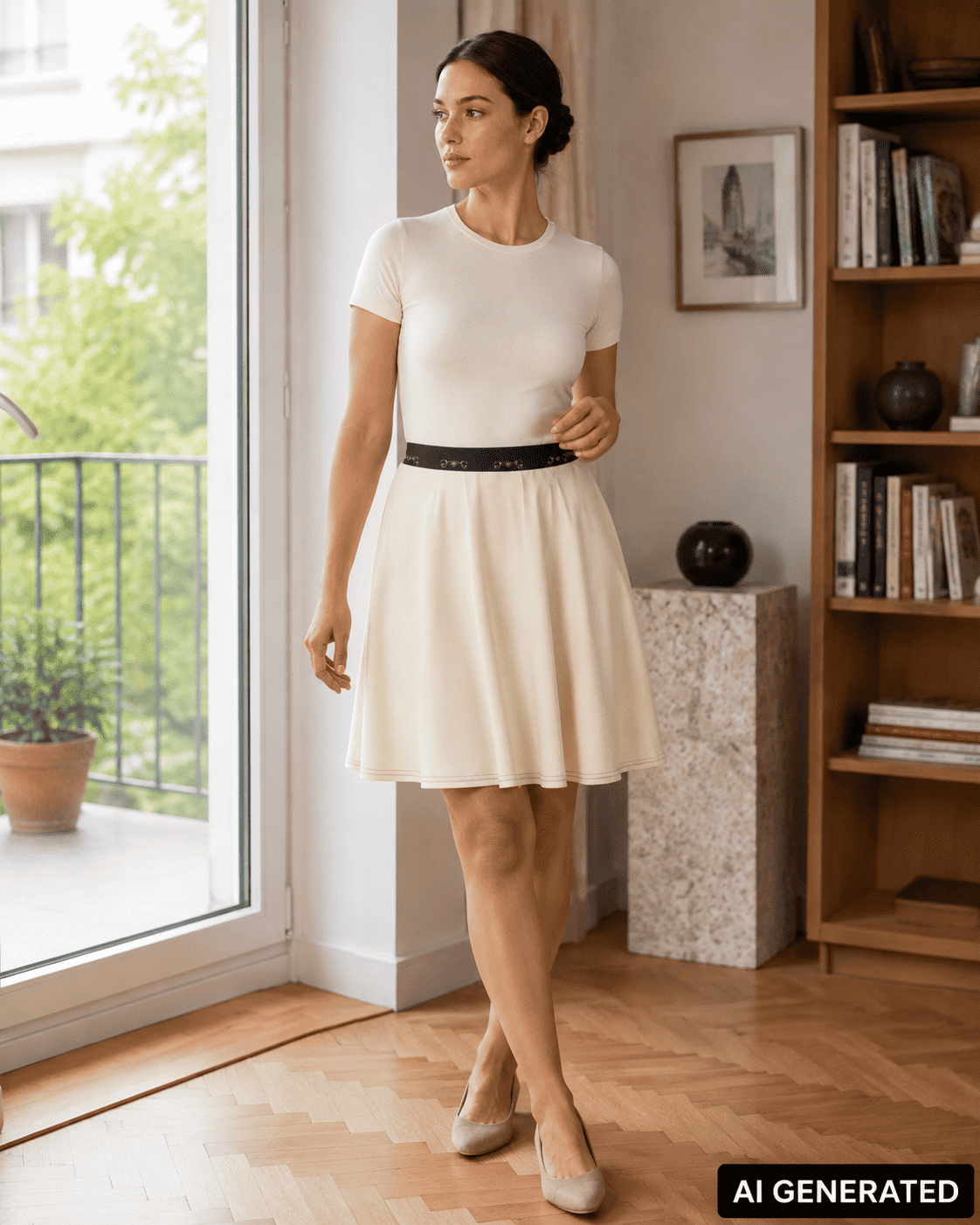 KI-Stylingbeispiel: Rock Casa Aurelia mit weißem Oberteil und cremefarbenen Schuhen
