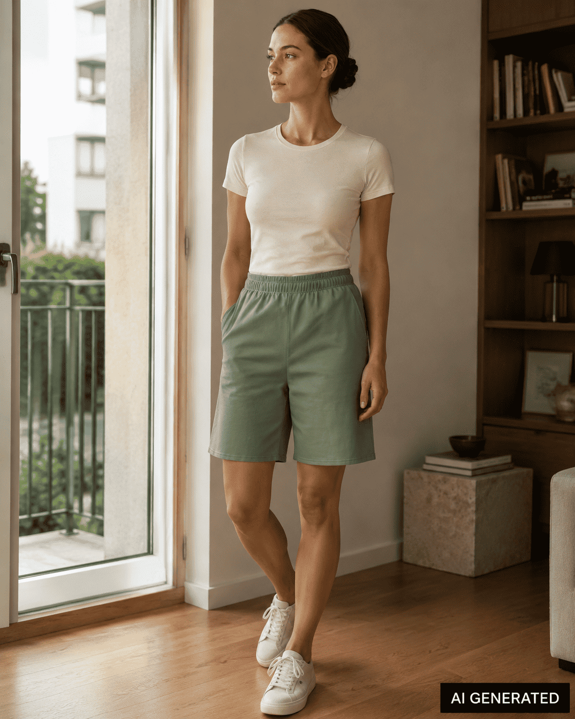 KI-Stylingbeispiel: Frau trägt die grünen Unisex Baumwoll Shorts in einem hellen Wohnraum