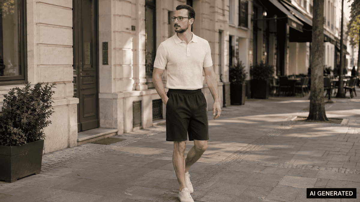 KI-Stylingbeispiel: Mann geht in einer Altstadtstraße und trägt die Unisex Baumwoll Shorts in Navy Blue