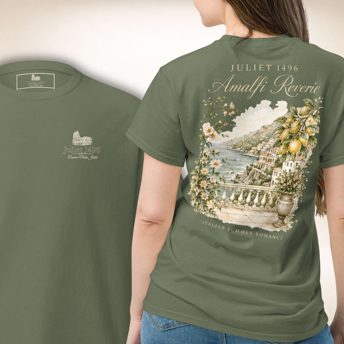 Amalfi Reverie T-Shirt in Olivgrün, Vorder- und Rückseite