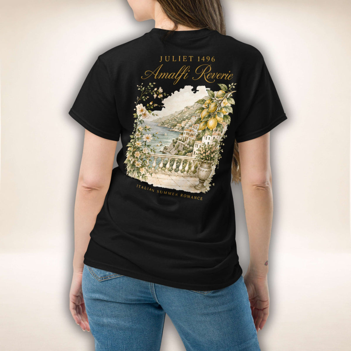 Amalfi Reverie T-Shirt in Schwarz, Rückenansicht mit mediterranem Motiv