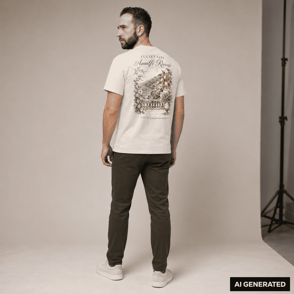 KI-Stylingbeispiel: Mann trägt das naturweiße Amalfi Reverie T-Shirt mit großem Rückenmotiv im Studio