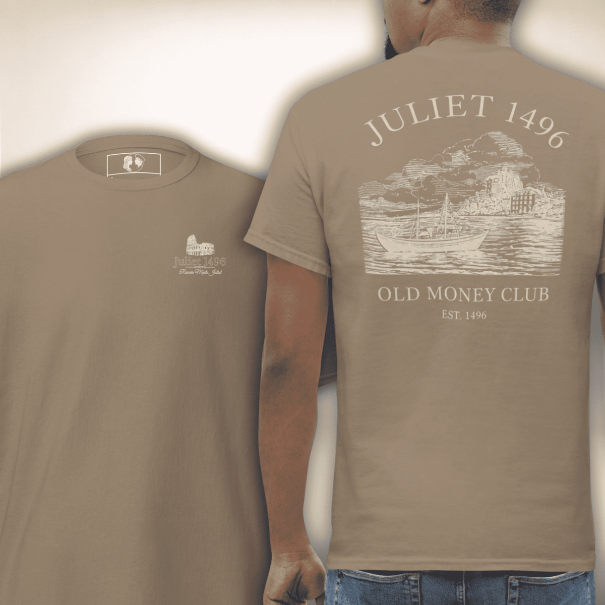 Old Money Club T-Shirt in Taupe, Vorder- und Rückseite