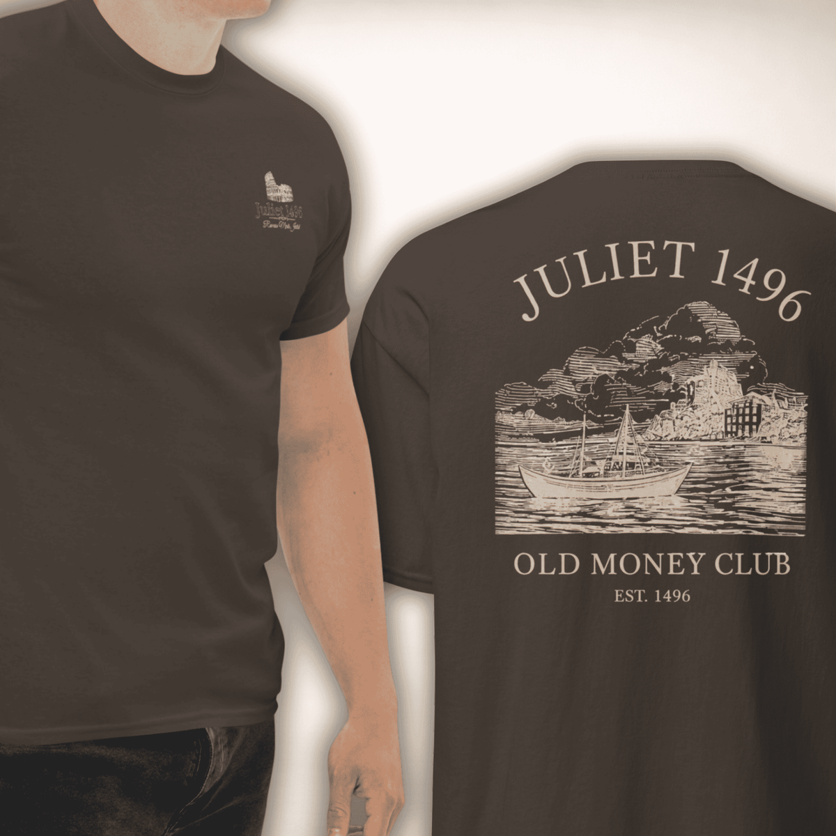 Old Money Club T-Shirt in Dunkelbraun, Vorder- und Rückseite
