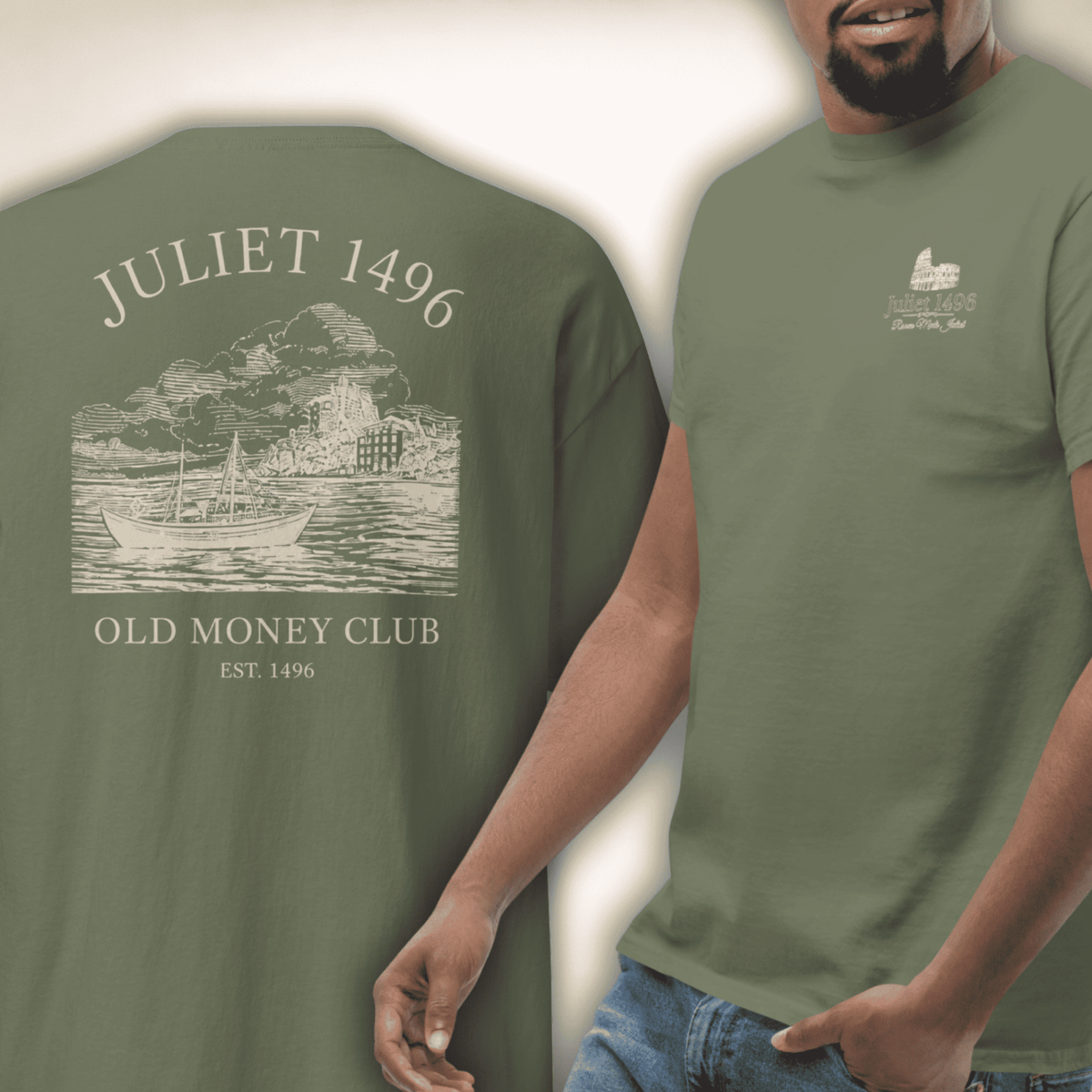 Old Money Club T-Shirt in Olivgrün, Vorder- und Rückseite